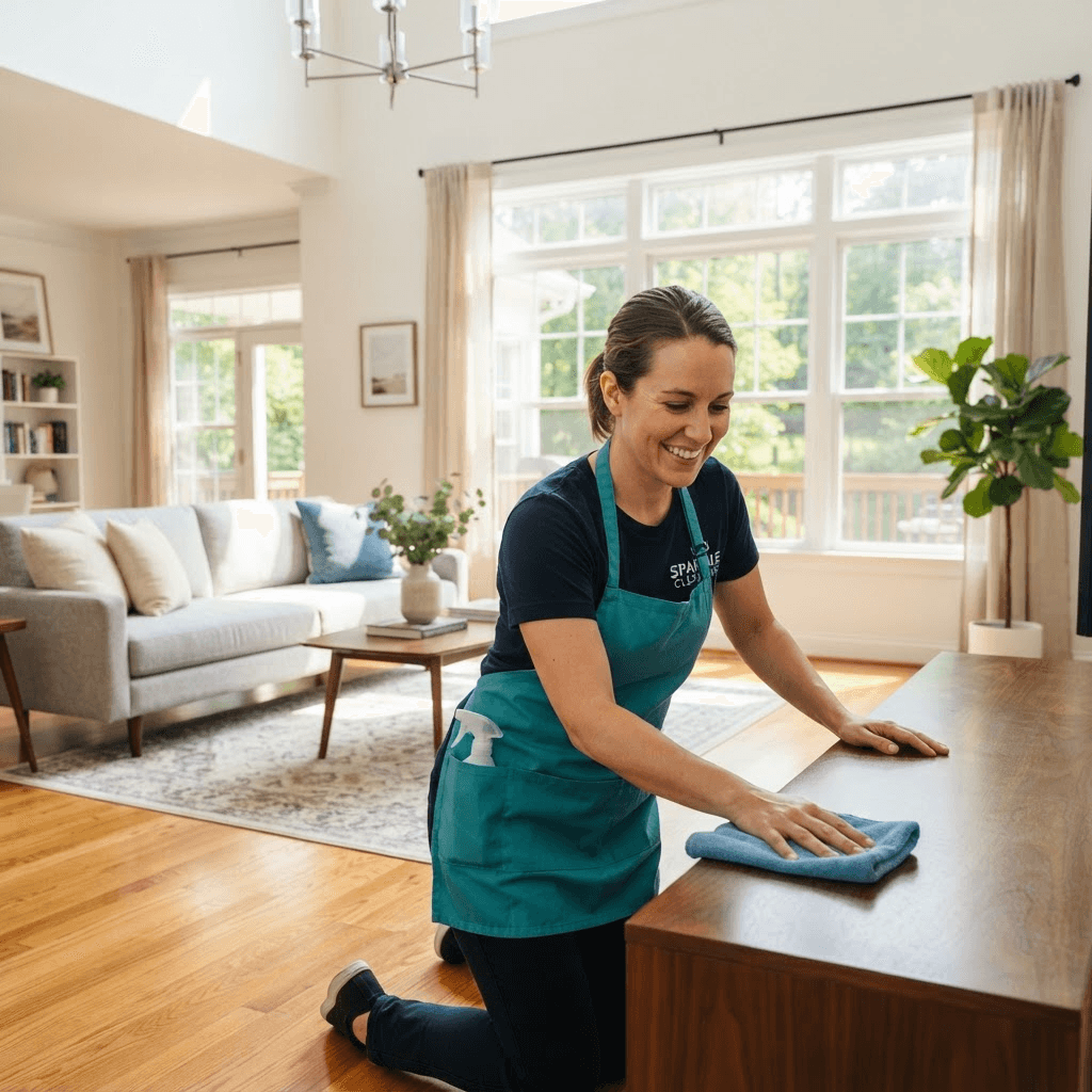 Professional maid cleaning a bright, tidy living room in a Northern Virginia home
