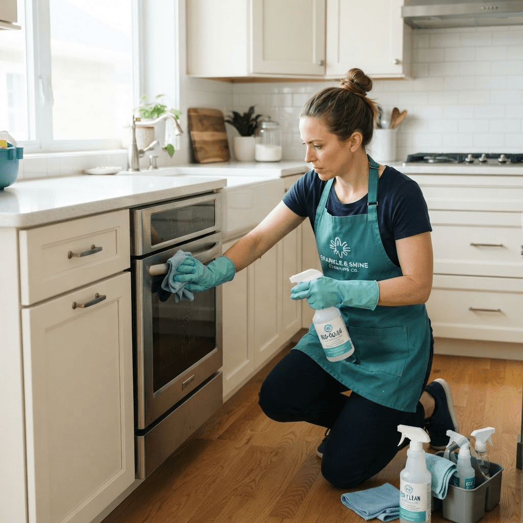 Professional cleaner deep cleaning a bright Fairfax kitchen