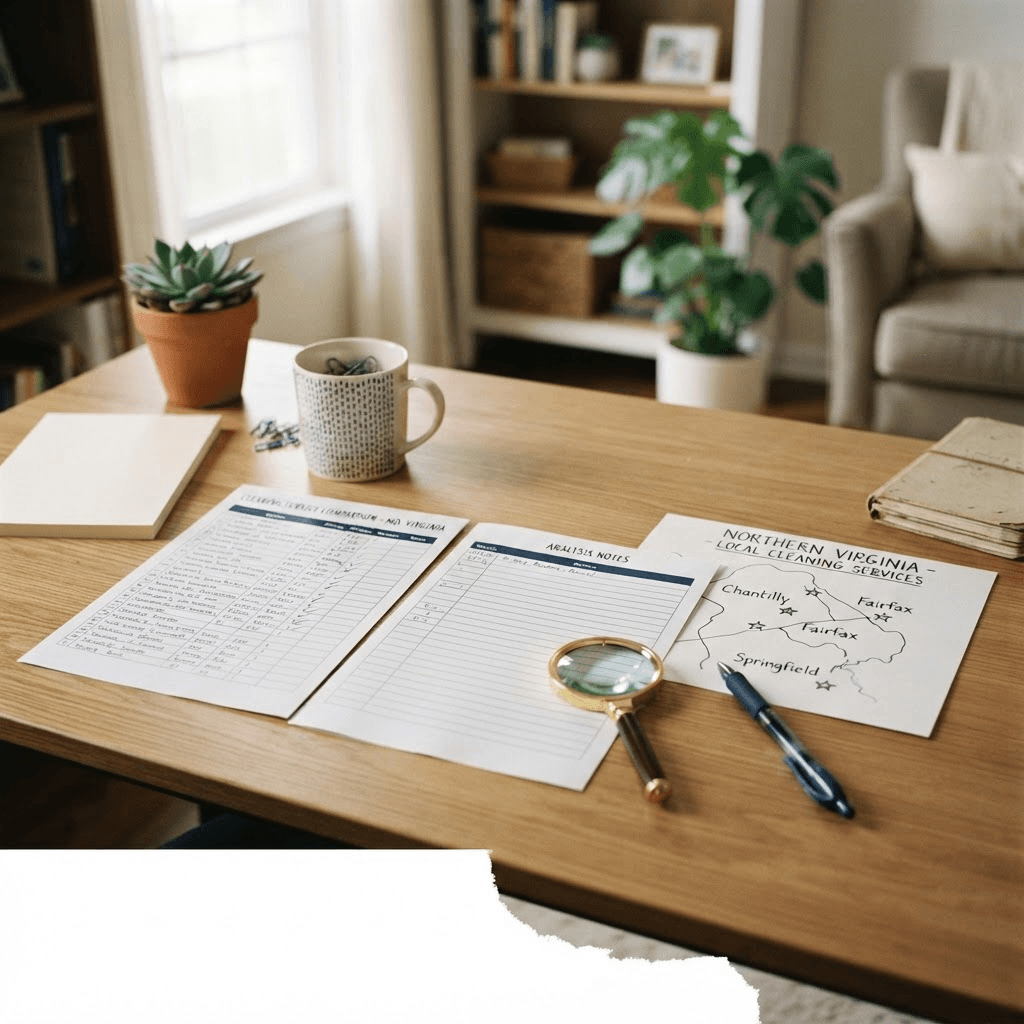 Comparison sheets and a Fairfax County map for evaluating house cleaning companies