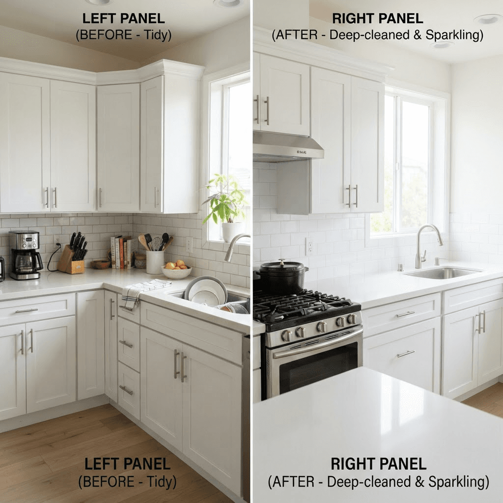 Side by side of a standard tidy kitchen and a detailed deep-cleaned kitchen