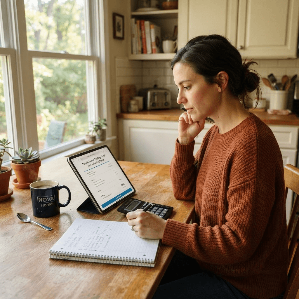 Homeowner reviewing a house cleaning quote at a kitchen table in Fairfax