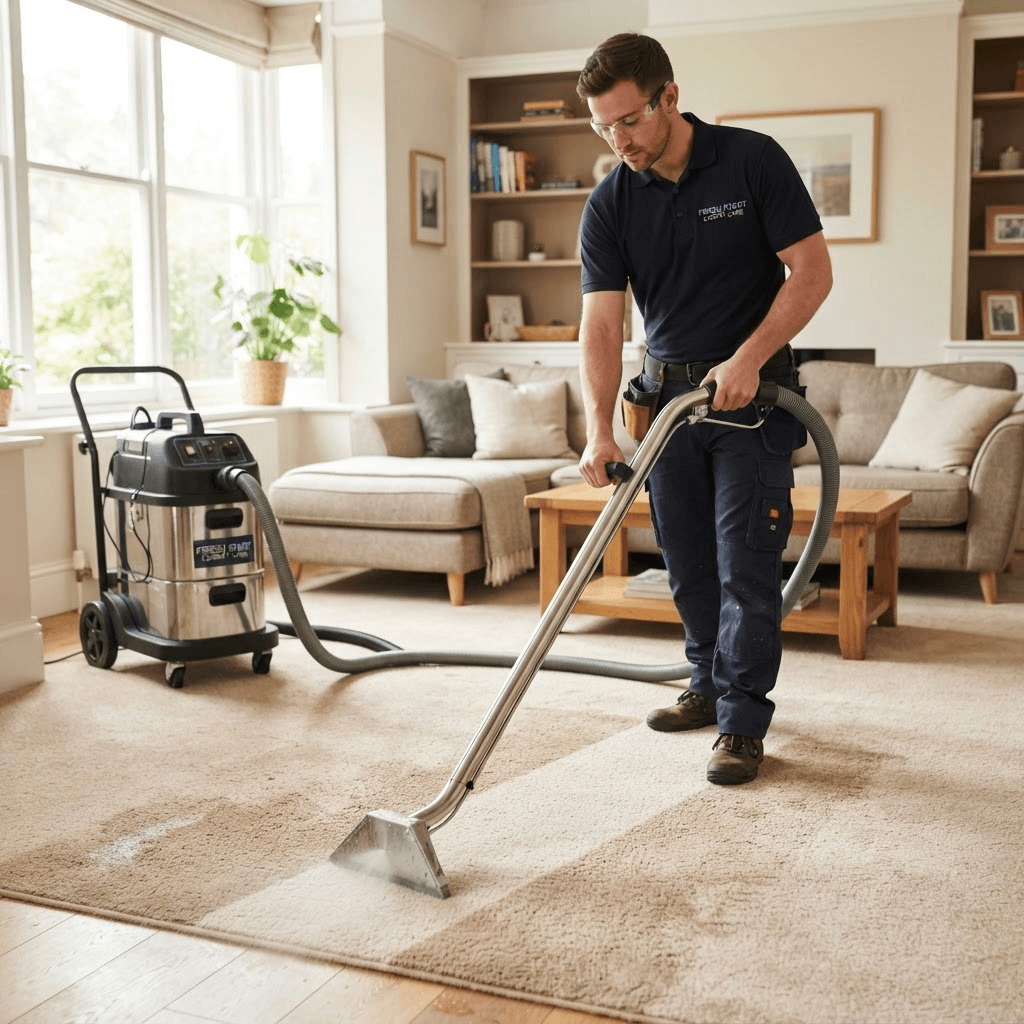 Carpet being cleaned with an extraction machine in a Fairfax living room