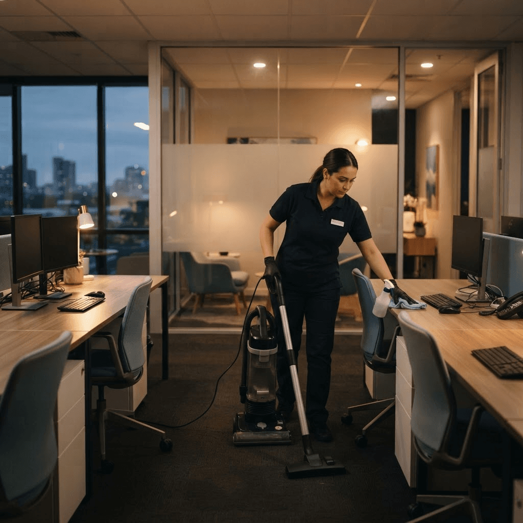 Commercial cleaner servicing a modern Fairfax office suite after hours