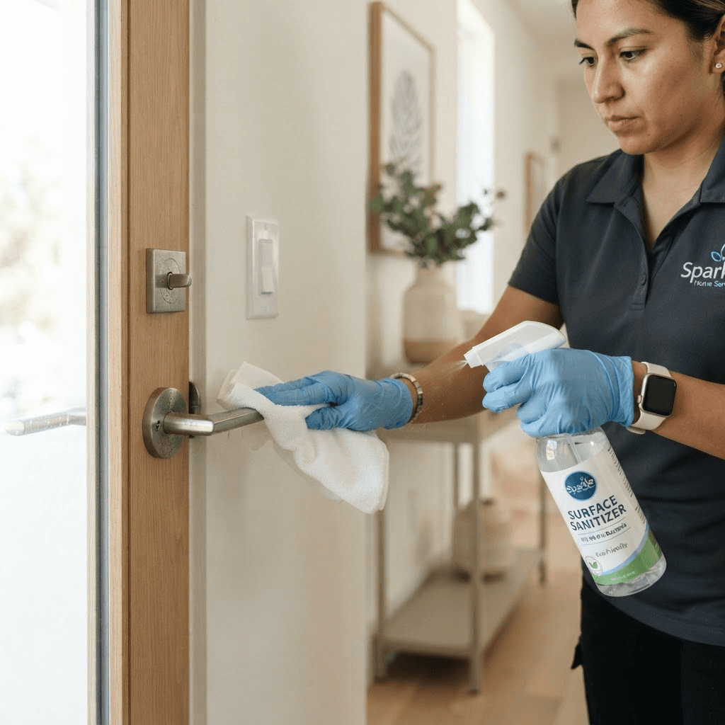 Cleaner disinfecting high-touch door handle in a Fairfax home