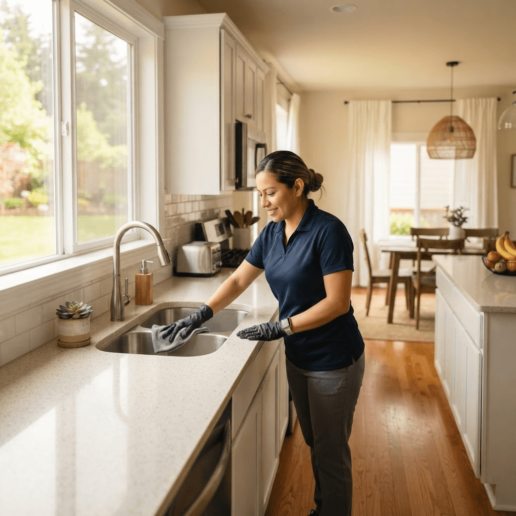 Professional house cleaner wiping a kitchen counter in a bright Fairfax home