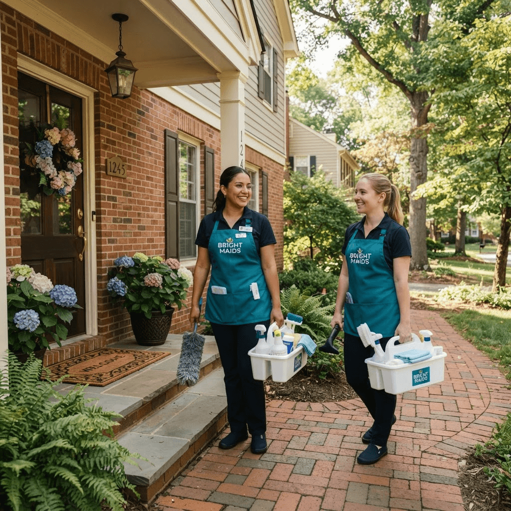 Friendly maid team arriving for a recurring cleaning in a Fairfax home